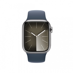Apple Watch Series 9 41mm Cellular Stříbrný nerez s ledově modrým sportovním řemínkem - M/L