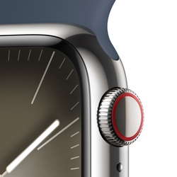 Apple Watch Series 9 41mm Cellular Stříbrný nerez s ledově modrým sportovním řemínkem - M/L
