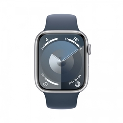 Apple Watch Series 9 45mm Cellular Stříbrný hliník s ledově modrým sportovním řemínkem - M/L