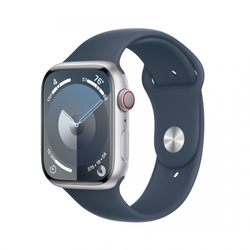 Apple Watch Series 9 45mm Cellular Stříbrný hliník s ledově modrým sportovním řemínkem - M/L