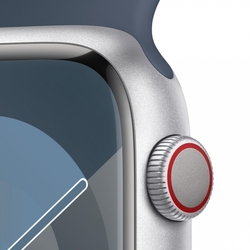 Apple Watch Series 9 45mm Cellular Stříbrný hliník s ledově modrým sportovním řemínkem - S/M