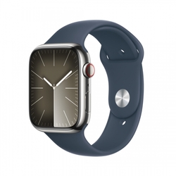 Apple Watch Series 9 45mm Cellular Stříbrný nerez s ledově modrým sportovním řemínkem - S/M