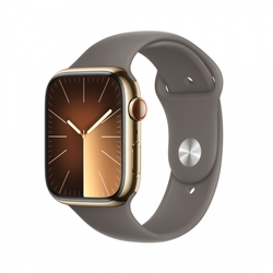 Apple Watch Series 9 45mm Cellular Zlatý nerez s jílově šedým sportovním řemínkem - M/L