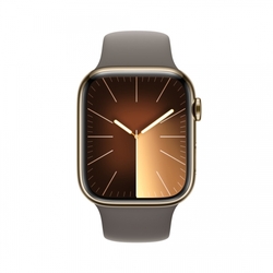 Apple Watch Series 9 45mm Cellular Zlatý nerez s jílově šedým sportovním řemínkem - S/M