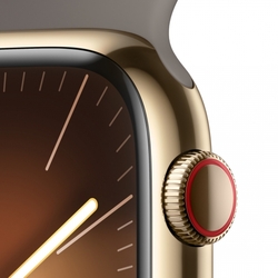 Apple Watch Series 9 45mm Cellular Zlatý nerez s jílově šedým sportovním řemínkem - S/M