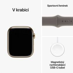 Apple Watch Series 9 45mm Cellular Zlatý nerez s jílově šedým sportovním řemínkem - S/M