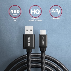 AXAGON BUMM-AM10AB, HQ kabel microUSB <-> USB-A, 1m