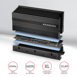 AXAGON CLR-M2XL, hliníkový pasivní chladič pro oboustranný M.2 SSD disk, výška 36 mm