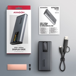 AXAGON EEM2-SD2 USB-C 10Gbps - M.2 NVMe & SATA SSD kovový DISPLAY box, bezšroubkový
