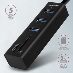 AXAGON HMA-CR3A, USB 3.2 Gen 1 hub, porty 3x USB-A + čtečka karet SD/microSD