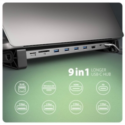 AXAGON HMC-10HLS, USB 5Gbps hub, 4x USB-A, HDMI 4k/60Hz, RJ-45 GLAN, SD/mSD, PD 100W