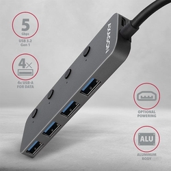 AXAGON HUE-MSA, 4x USB 3.2 Gen 1 SWITCH hub, kovový