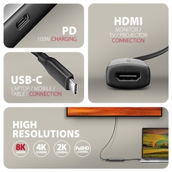 AXAGON RVC-HI8KPD, USB-C -> HDMI 2.1 redukce / adaptér, 8K/60Hz, 4K/144Hz, HDR10+, PD100W