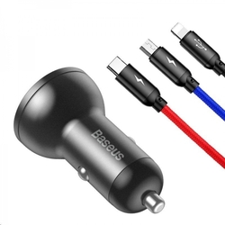 Baseus Digital Display set duálního adaptéru do automobilu 2* USB-A a opleteného kabelu 3v1 4,8A, černá