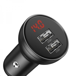 Baseus Digital Display set duálního adaptéru do automobilu 2* USB-A a opleteného kabelu 3v1 4,8A, černá