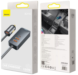 Baseus rychlo nabíječka do auta s prodlužovacím kabelem 3x USB-A, 1x Type-C 120W šedá