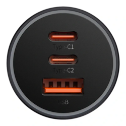 Baseus rychlonabíjecí adaptér do automobilu 2*USB-C + USB-A 65W tmavě šedá