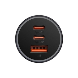 Baseus rychlonabíjecí adaptér do automobilu 2*USB-C + USB-A 65W tmavě šedá