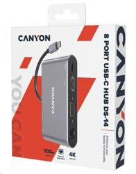 CANYON replikátor portů DS-14 8v1, 1xUSB-C PD 100W, 1xHDMI (4K), VGA, 3xUSB-A 3.0, RJ45 Gb, 3.5mm jack