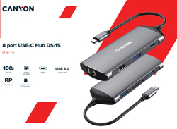 CANYON replikátor portů DS-15 8v1, 1xUSB-C PD 100W, 1xHDMI (4K), VGA, 2xUSB-A 3.0, 1xUSB-A 2.0 RJ45 Gb, 3.5mm jack, SD/m