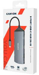 CANYON replikátor portů DS-15 8v1, 1xUSB-C PD 100W, 1xHDMI (4K), VGA, 2xUSB-A 3.0, 1xUSB-A 2.0 RJ45 Gb, 3.5mm jack, SD/m