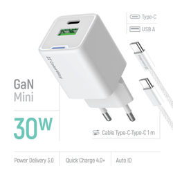 ColorWay 1x USB-C/ síťová nabíječka/ GaN/ PD/ PPS/ QC/ 30W/ Včetně 100cm kabelu/ Bílá