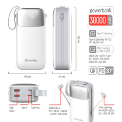 ColorWay powerbanka 30 000mAh, 1x USB QC3.0/ USB-C/ Lightning/ 22,5W/ Bílá