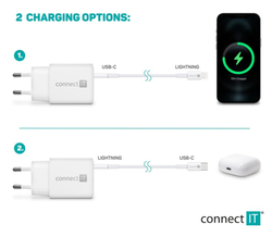 CONNECT IT DUPLEX Nabíjecí adaptér 1xLightning + 1×USB-C, 20W, kabel 27W, BÍLÝ