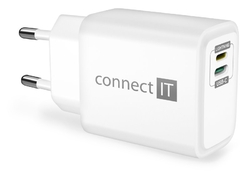 CONNECT IT DUPLEX Nabíjecí adaptér 1xLightning + 1×USB-C, 20W, kabel 27W, BÍLÝ