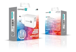 CONNECT IT DUPLEX Nabíjecí adaptér 1xLightning + 1×USB-C, 20W, kabel 27W, BÍLÝ
