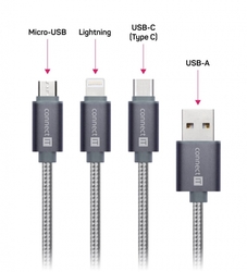 Connect IT Wirez 3in1 USB-C & microUSB & Lightning, silver gray, 1,2m