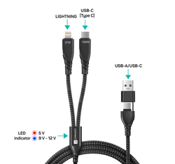 CONNECT IT Wirez 4in1 1x USB-C, 1x Lightning, 1,25 m, ČERNÝ