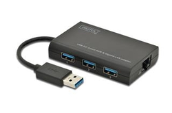 Digitus USB 3.0, 3-portový HUB A Adaptér na Gigabit Ethernet , 1x RJ45, USB-A, 10 / 100 / 1000Mbps, USB 3.0, Windows