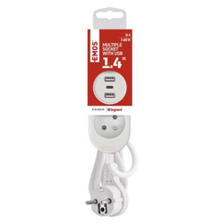 Emos prodlužovací kabel 1,4 m / 2 zásuvky+2×USB-A+1×USB-C / bílý / PVC / 1,5 mm2