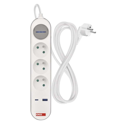 Emos prodlužovací kabel 2 m / 3 zásuvky / s vypínačem / bílo-šedý / 1×USB-A + 1×USB-C / 1,5 mm2