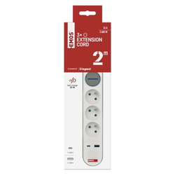 Emos prodlužovací kabel 2 m / 3 zásuvky / s vypínačem / bílo-šedý / 1×USB-A + 1×USB-C / 1,5 mm2