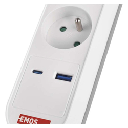 Emos prodlužovací kabel 2 m / 3 zásuvky / s vypínačem / bílo-šedý / 1×USB-A + 1×USB-C / 1,5 mm2