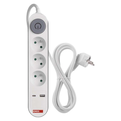 Emos prodlužovací kabel 2 m / 3 zásuvky / s vypínačem / bílý / 1×USB-A + 1×USB-C / 1,5 mm2