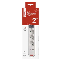 Emos prodlužovací kabel 2 m / 3 zásuvky / s vypínačem / bílý / 1×USB-A + 1×USB-C / 1,5 mm2