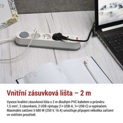 Emos prodlužovací kabel 2 m / 3 zásuvky / s vypínačem / bílý / 1×USB-A + 1×USB-C / 1,5 mm2