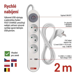 Emos prodlužovací kabel 2 m / 3 zásuvky / s vypínačem / bílý / 1×USB-A + 1×USB-C / 1,5 mm2