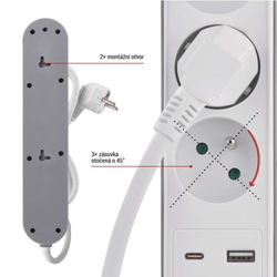 Emos prodlužovací kabel 2 m / 3 zásuvky / s vypínačem / bílý / 1×USB-A + 1×USB-C / 1,5 mm2