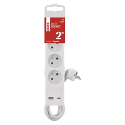 Emos prodlužovací kabel 2 m / 3 zásuvky / s vypínačem / bílý / 1×USB-A + 1×USB-C / 1,5 mm2