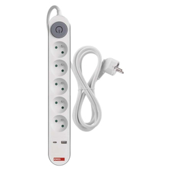 Emos prodlužovací kabel 3 m / 5 zásuvky / s vypínačem / bílý / 1×USB-A + 1×USB-C / 1,5 mm2