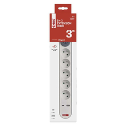 Emos prodlužovací kabel 3 m / 5 zásuvky / s vypínačem / bílý / 1×USB-A + 1×USB-C / 1,5 mm2