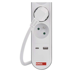 Emos prodlužovací kabel 3 m / 5 zásuvky / s vypínačem / bílý / 1×USB-A + 1×USB-C / 1,5 mm2