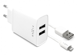 FIXED síťová nabíječka s 2xUSB výstupem a USB/Lightning kabelu, 1m, MFI certifikace, 15W Smart Rapid Charge, bílá