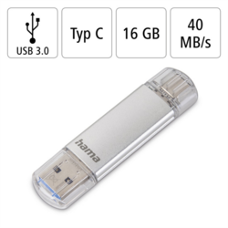 Hama Flash Pen Laeta, USB-C/USB-A 3.1, 16 GB, 40 MB/s, stříbrný