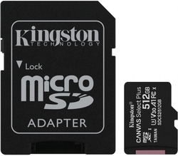 Kingston microSDXC 512GB Canvas Select Plus, UHS-I, U3, V30, čtení 100 MB/s, zápis 85MB/s) + SD adaptér