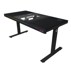 LORGAR stůl s volitelnou výškou, vestavěnou skříní pro PC, bezdrátovou nabíječkou, RGB a USB porty,  dřevěná deska